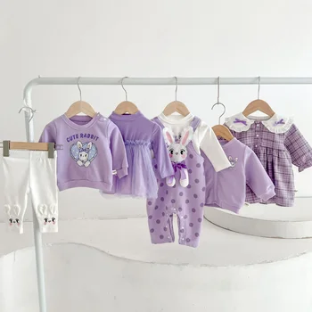Bebek Bebek Seti Uzun Kollu Bebek Karikatür T-shirt Ekose Elbise Yenidoğan Ceket Kıyafetler Bahar Sonbahar Çocuk Kız Giyim