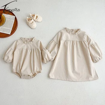 Bebek Kız Düz Renk Tulum Çocuk Kız Uzun Kollu Elbise Bahar Sonbahar Elbise Keten Çocuk Kız Kardeş Elbise
