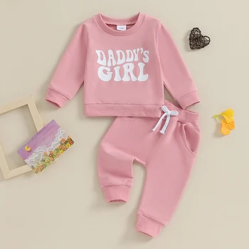 Bebek Kız Pantolon Kıyafetler Toddler Mektup Baskı Uzun Kollu Yuvarlak Boyun Kazak ve Düz Renk pantolon seti Yenidoğan 2 Parça Takım Elbise