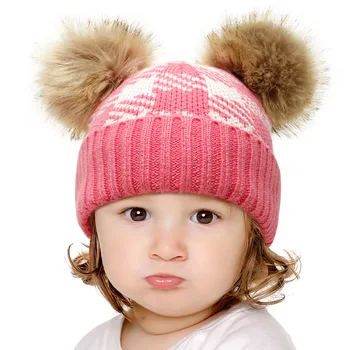 Bebek Çocuk Bere Şapka Sonbahar Kış Sıkı pamuklu yürümeye Başlayan Çocuk Kap Çift Kürk Topu Üst Erkek Kız Bahar Sıcak Katı Çizgili Şapka
