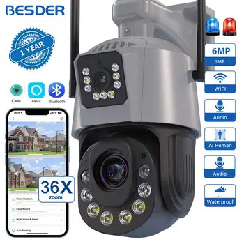 BESDER 6MP WiFi IP Kamera PTZ Açık Çift Ekran 36X Optik Zoom 120M IR Gece Görüş İnsan Algılama CCTV Gözetim Kamera