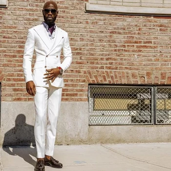 Beyaz erkek Takım Elbise 2 Adet Blazer Pantolon Kruvaze Doruğa Yaka Slim Fit Resmi Smokin İş İş Düğün Damat Özel