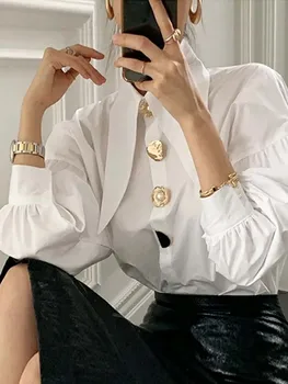 Beyaz Gömlek Kadın Zarif Yaka Bluz Casual Gevşek Tüm Maç Fener Kollu Gömlek Ofis Bayan Kore Moda Retro Düğme Tops