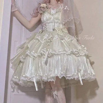 Beyaz Lolita Jsk Elbise Victoria Retro Kadınlar Zarif Dantel Kelebek Kolsuz Çiçek Düğün Parti Elbise Kawaii Vestidos Tatlı