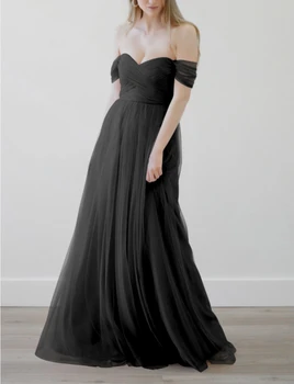 Bir Çizgi Tül Kapalı Omuz Örgün Abiye Zarif Siyah Balo Abiye Kat Uzunluk Parti Kıyafeti Elbise Düğün Konuk Elbise
