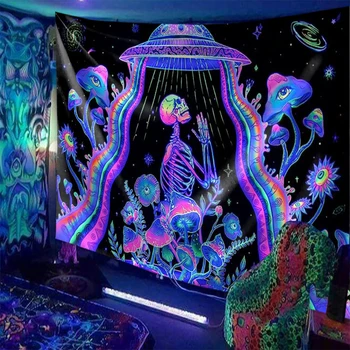 Blacklight İskelet Goblen UV Reaktif Alien UFO Goblen Duvar Asılı Fantezi Bitki Çiçek Galaxy duvar bezi Ev Dekor İçin