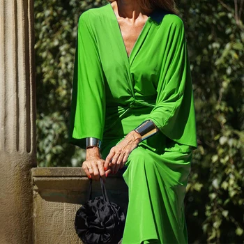 Bohemian V Yaka Büküm Dökümlü Kadın Parti Elbise Bahar Katı Yüksek Bel Tunik uzun elbise Yeni Sonbahar Uzun Kollu A-Line Maxi Elbise