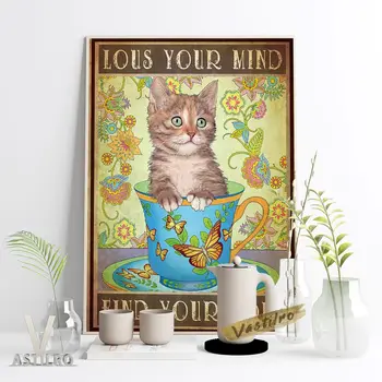 Bolluk Dokular Desen Çay Fincanı Güzel Kedi Posteri Zengin Renkler Sanat Baskı Duvar Resmi Aşk Kedi Hediye Fikri Retro Odası Ev Dekor