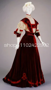 Bordo Kadife Victoria Yürüyüş Kıyafeti balo kıyafetleri Yarım Kollu Dantel Pilili Edward Tarihi Kostüm gece elbisesi