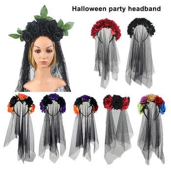 Cadılar bayramı Kafa Bandı Bayanlar Kızlar Ölü Kırmızı Gül Çiçek Headdress Çiçek saç bandı Parti kostümlü oyun saç aksesuarları