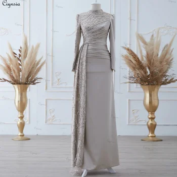 Ciynsia Türk Dubai Abiye Resmi Elbise Boncuk Saten A-Line Uzun Kollu Abiye giyim Kadınlar için Zarif Parti Lüks 2023