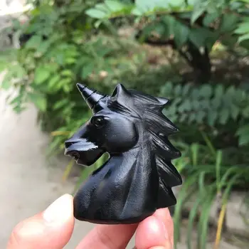 Doğal Siyah Obsidyen Kuvars kristal tekboynuz Kafatasları Oymalar Şifa Kristal Reiki Heykelcik Manevi Taş Omament