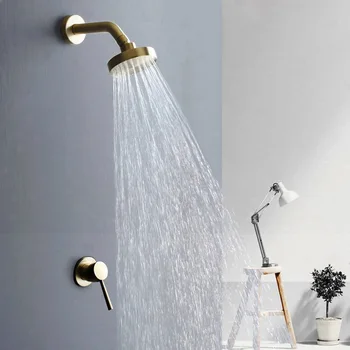 Duvara Monte Fırçalanmış Altın Banyo Armatürü Şelale Tuvalet Banyo Duş Musluk Seti Pirinç yağmur biçimli duş Musluk Mikser Seti