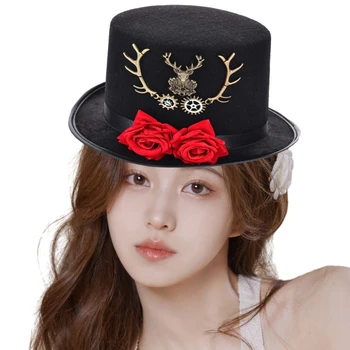 Düz kasket Boynuz Gül Fedora Şapka Cadılar Bayramı Sahne Şapka Cosplay Parti Malzemeleri D46A