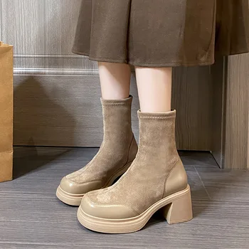 Düz Renk Yüksek Topuklu Platform Çizmeler Kadınlar için Sonbahar Kış tasarım ayakkabı Kadın Artış Moda Ayak Bileği Elastik Çizmeler Kadın