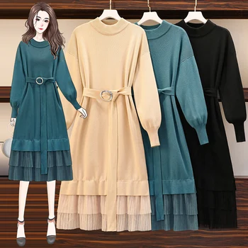 EHQAXIN kadın Sonbahar Kış Yeni Gevşek Bel Elbise Örme Kazak Uzun Kollu Moda Elbiseler Kemer Ile L-5XL