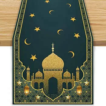 Eid Mubarak Keten Masa Koşucu yemek masası Süslemeleri Ay ve Yıldız Ramazan Cami İslam Mutfak yemek masası Koşucu