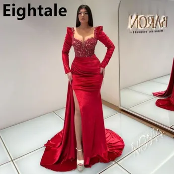 Eightale 2022 Kırmızı Mermaid Sevgiliye Uzun Kollu Arapça Lüks Akşam Elbise Aplikler Boncuk Balo Parti Kıyafeti Dubai Robe Soirée