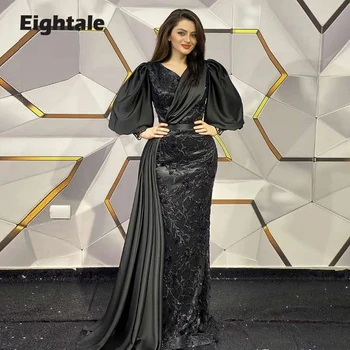 Eightale Dubai Akşam Elbise Saten V Boyun Aplikler Balo elbisesi Mermaid Kabarık Kollu anne Gelin Resmi Kadın Parti Elbise