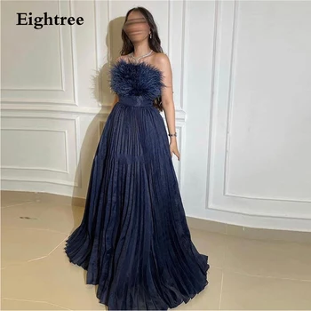 Eightree Lacivert Vintage Balo Elbise Tüyler Tül Uzun Bir Çizgi Plise Straplez Örgün Abiye Abendkleider Dubai 2023
