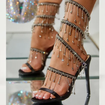 Eilyken Yaz Moda Taklidi Altın Kristal Sandalet kadın Dize Boncuk Gece Kulübü Stiletto Topuk Wrap Askı Peep Toe Ayakkabı