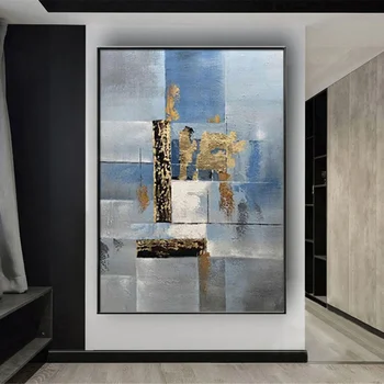 El Boyalı Yağlıboya Soyut Tuval Resimleri Modern Mavi Ve Altın Kontur Haritası Duvar Sanatı Ev Dekorasyon Duvar Hediye