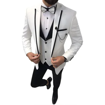 Erkek 3 Parça Slim Fit Takım Elbise Blazer + Yelek + Pantolon Yaka Eğlence Iş Erkek Takım Elbise Groomsmen Smokin Resmi Parti düğün elbisesi