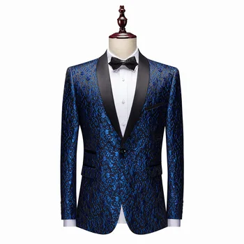 Erkek Takım Elbise Ceket papyon Mavi Pembe Altın Jakarlı Kumaş Moda Düğün Parti Elbise Ceket Tek Düğme Zarif Erkek Blazer