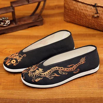 Eski Pekin Bez Ayakkabı Erkekler Yumuşak Taban Çin Nakış Erkek Ayakkabı Çin Tarzı Sarı Siyah Ejderha Yuvarlak Ağız makosen ayakkabı