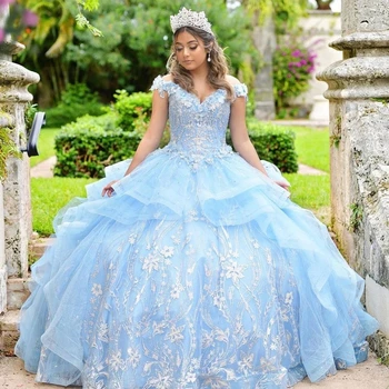 EVLAST Prenses Kapalı Omuz Mavi Quinceanera Elbise Dantel Aplike Boncuk Ruffles Tatlı 16 Balo Vestido De 15 Anos TQD065