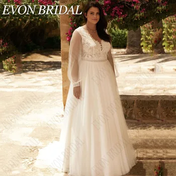 EVON GELİN Plaj Puf Kollu V Yaka düğün elbisesi Artı Boyutu Kadın Aplike Tül A-Line 2024 gelinlikler Vestido De Novia