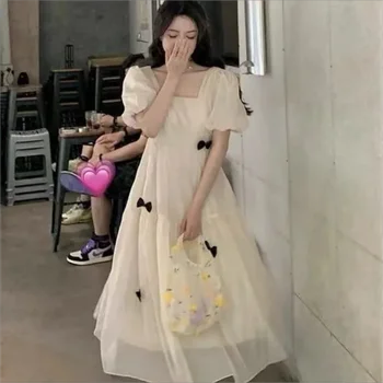 Fransız Nazik Puf Kollu Elbise kadın Yaz 2024 Şık Tatlı Uzun Etekler Yay Beyaz Peri Kore Moda Elbise