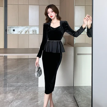 Fransız Siyah Kadife Ofis Bayanlar Kalem Elbise Vintage Sonbahar Kış Kadın Elmas Kare Yaka Ruffles Bodycon Midi Elbise