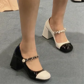 Fransız Yüksek topuklu ayakkabılar Kadın Kalın Topuklu Vahşi Jurto Hepburn Hepburn Retro Mary Zhen Ayakkabı Küçük Tütsü Rüzgar Tek Ayakkabı