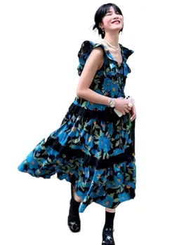 Fransız zarif mavi çiçek baskı elbise Moda Tatlı Lotus kelebek kol Nakış Dantel Kek Elbise vintage parti elbise 6XL