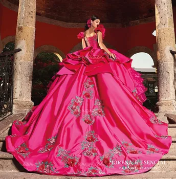Fuşya Sihirli Meksika Prenses Quinceanera Elbise Kapalı Omuz Ruffles Etek 3D Çiçek Nakış vestido de 15 años dantel up