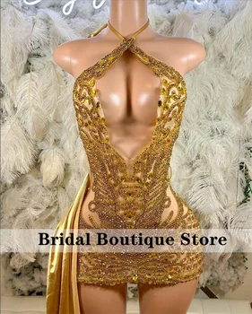 Glitter Altın Elmas Uzun balo kıyafetleri 2024 Sparkly Boncuk Rhinestone Kristal Doğum Günü Kokteyl Parti Homecoming Törenlerinde Elbiseler