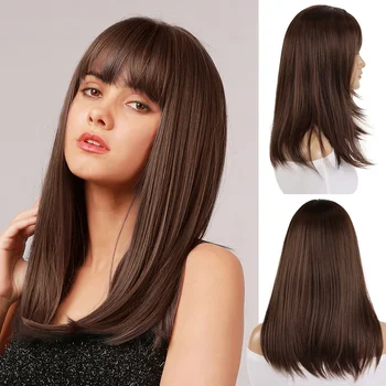 GNIMEGIL Sentetik Uzun Kahverengi kahküllü peruk Düz Saç Doğal Peruk Beyaz Kadınlar için Moda Saç Kesimi Günlük Kullanım Parti Peruk
