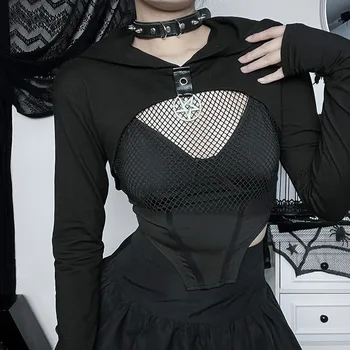 Goth Güz Yeni Sokak Gotik Tarzı Moda Sıcak Kız Seksi İnce file kayışlar Hoodie Kapşonlu Tops Kadın