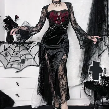 Goth Zarif Alışveriş Merkezi Gotik Kadın Abiye Grunge Estetik E-kız Kadife Midi Elbise Dantel Splice Seksi Bölünmüş Kıyafetler Vestido