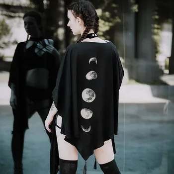 Gotik Siyah Retro Ay Baskı Püskül Pelerin Kadın Sonbahar ve Kış Koyu Çok Yönlü V Yaka Gevşek Üst Yarasa Pelerin Goth Ceket Kadın