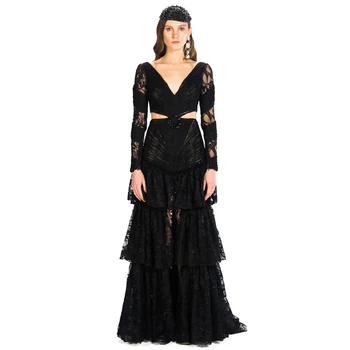 Gotik Çok Katmanlı Etek Maxi balo kıyafetleri Siyah Dantel Zarif Kadınlar Örgün Durum Elbise Yüksek Düşük Dantel Parti Törenlerinde Özel Deli