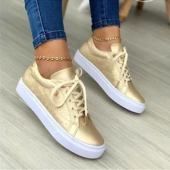 Gül Altın Kadın vulkanize ayakkabı Düz Renk Düşük topuklu Düz rahat ayakkabılar Altın Düğmeli 2024 Yeni Lace Up Kadın Ayakkabı