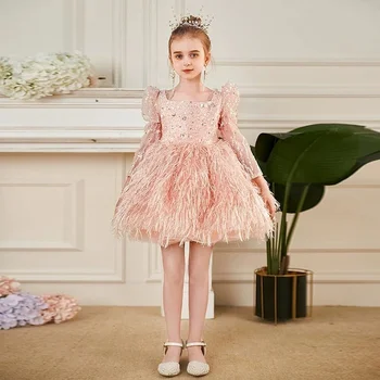 Gül Pembe Balo Çiçek Kız Elbise Katmanlı Tüyler Kısa Çocuklar Doğum Günü Pageant Törenlerinde Glitter Çocuk Düğün Konuk Elbise