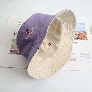 Güzel Nakış Çilek güneş şapkaları Rahat Nakış Kova Şapka Kadın Açık Seyahat Dekor Giyim Aksesuarları Mor