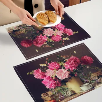 Güzel Yağlı Çiçekler Boyama Buket Placemat Keten yemek masası Paspaslar Pedleri Kase Fincan Mat Ev Dekor Mutfak Aksesuarları