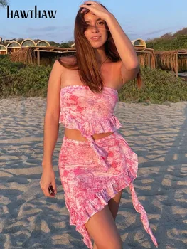 Hawthaw Kadınlar 2023 Yaz Tüp Üstleri Mini Etek Plaj Tatil İki Parçalı Eşleşen Setleri Kıyafetler Toptan Ürünler İş İçin
