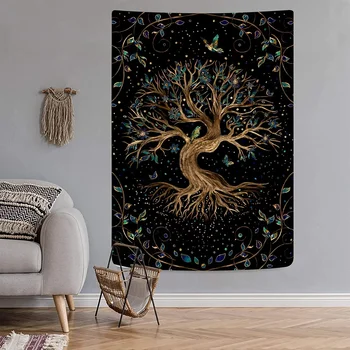 Hayat ağacı Goblen Siyah Psychedelic Bohemian Orman Dilek Ağacı Goblen Yatak Odası Estetik Mandala Psychedelic Goblen