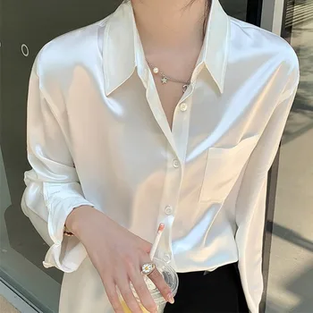 HOUZHOU Zarif Beyaz Saten Gömlek Kadın Ofis Bayanlar Kore Moda bahar uzun kollu elbise Gençlik Bluz Kadın Estetik Eski Para