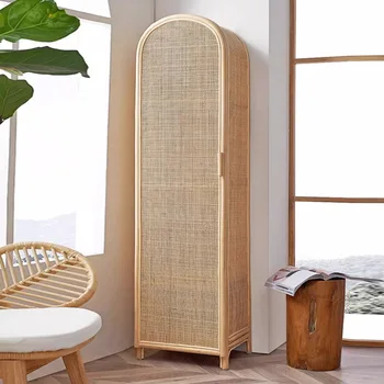 Iskandinav doğal rattan dokuma tek kapılı gardırop, aile yanında ev küçük yatak odası, retro Japon tarzı ıns depolama dolabı